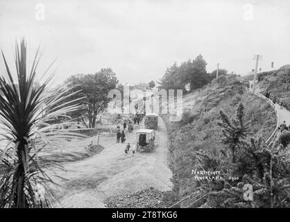 Ferry passengers leaving Northcote Wharf, Auckland, New Zealand, People travelling by horse-drawn bus and walking up the unsealed road away from Northcote Wharf after disembarking from the ferry. On the righthand side people are walking up a path towards the road above. In the centre of the photograph are two horse-drawn buses. The one at the rear has three small boys running behind. The one at the front has `Millar' written across the back. In the immediate foreground is a cabbage tree, circa 1910 Stock Photo